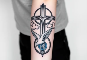 Big cross with clouds in the back with a dove a the bottom left of the forearm with a blue circle ring it and the number 4 to the of the dove. cover the whole forearm tattoo idea