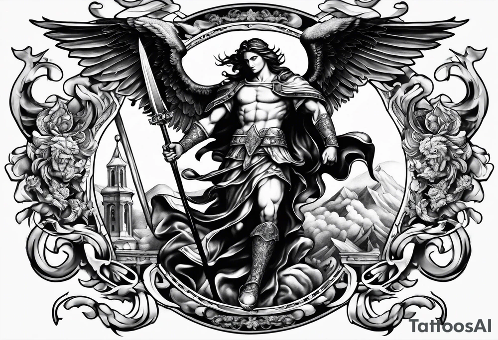 Arm sleeve of St Michael killing the devil tattoo idea