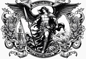 Arm sleeve of St Michael killing the devil tattoo idea