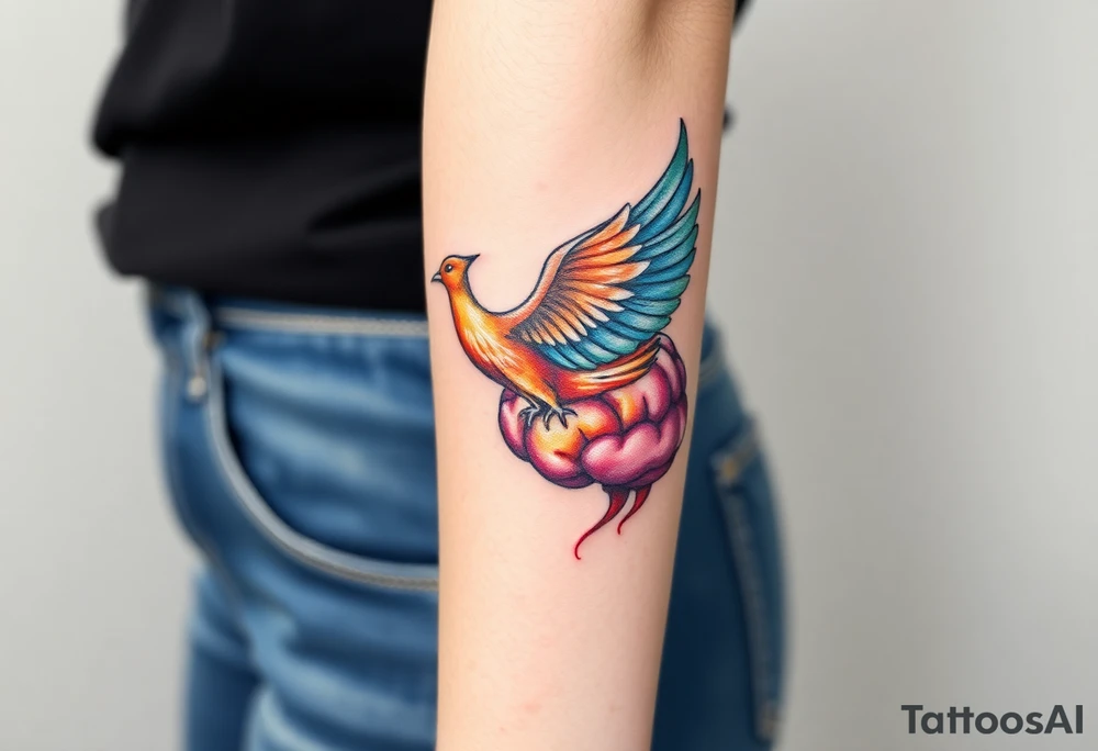 Colorful phoenix flying out of a brain tattoo idea