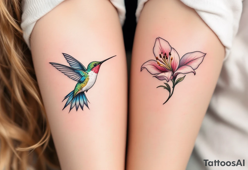 One partner has a hummingbird in flight with green and blue feathers, the other a lily in soft pink tones it’s flying toward. tattoo idea
