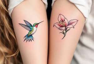 One partner has a hummingbird in flight with green and blue feathers, the other a lily in soft pink tones it’s flying toward. tattoo idea