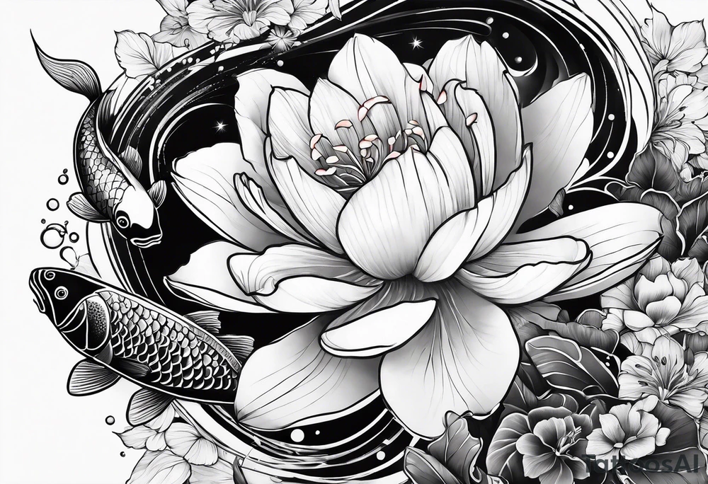 arm sleeve tatoo, space, nature, koi tattoo idea