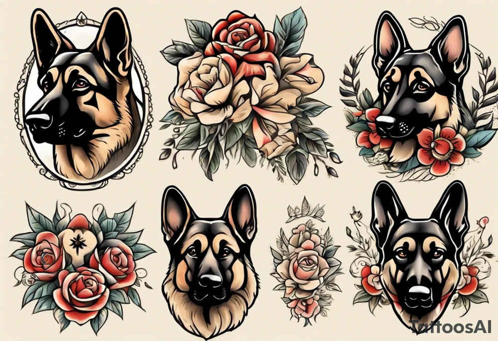 German shepherd portrait traditional flowers tattoo idea