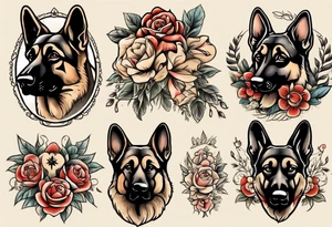German shepherd portrait traditional flowers tattoo idea