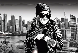 Woman wearing a ski mask holding a gun with graffiti as the background and a scenic view of Sydney city tattoo idea