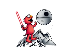 Elmo holding a lightsaber standing on a mountain looking up at the deathstar in space tattoo idea