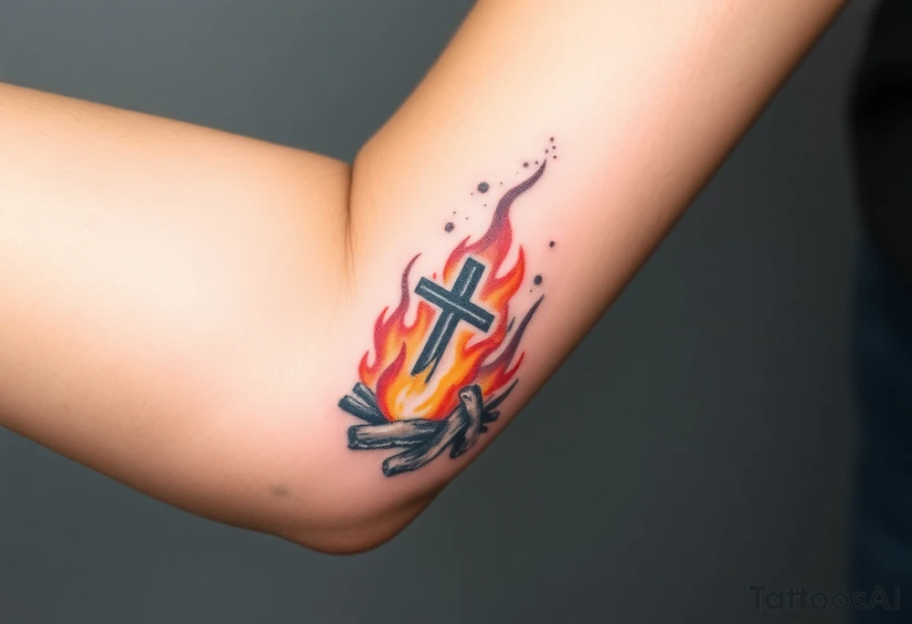 Campfire with a cross hidden in the flames tattoo idea