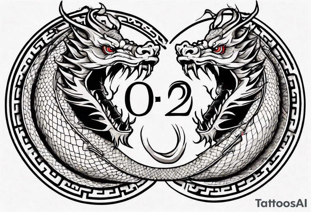Chinese dragon in a circular shape with "02.03" written on its skin tattoo idea