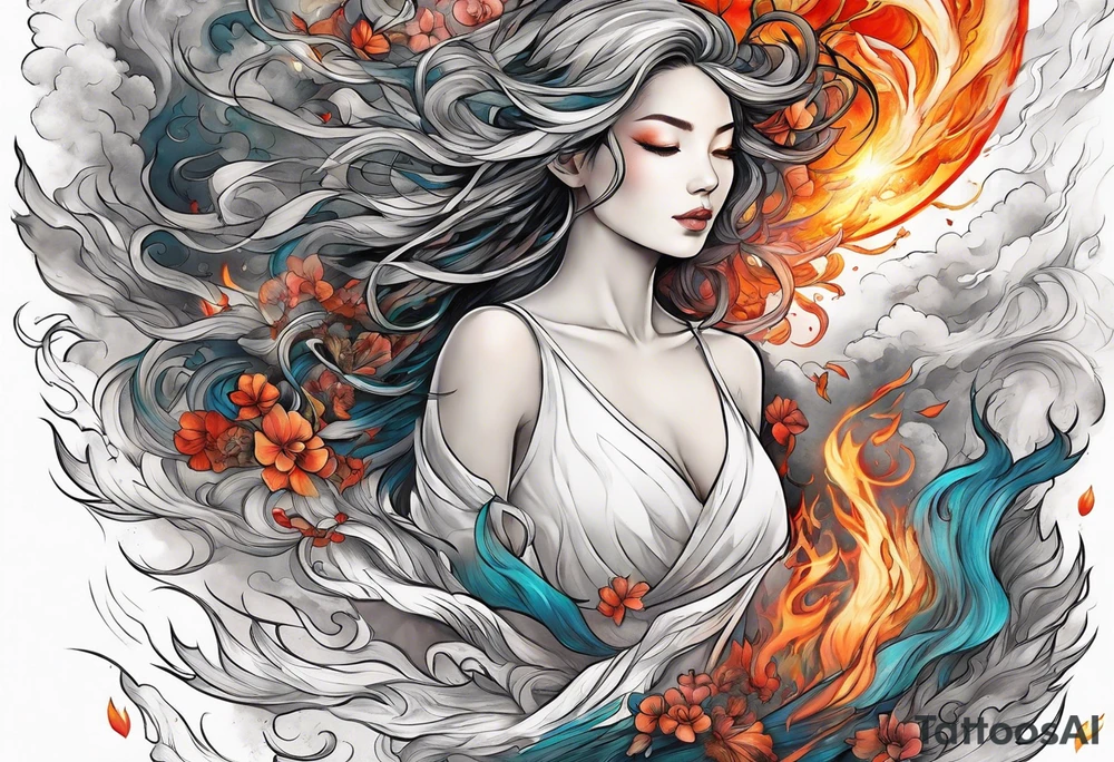 Resurrection strength and courage Beautiful Woman walking through fire and chaos to inner peace and self-love  ethereal tattoo idea