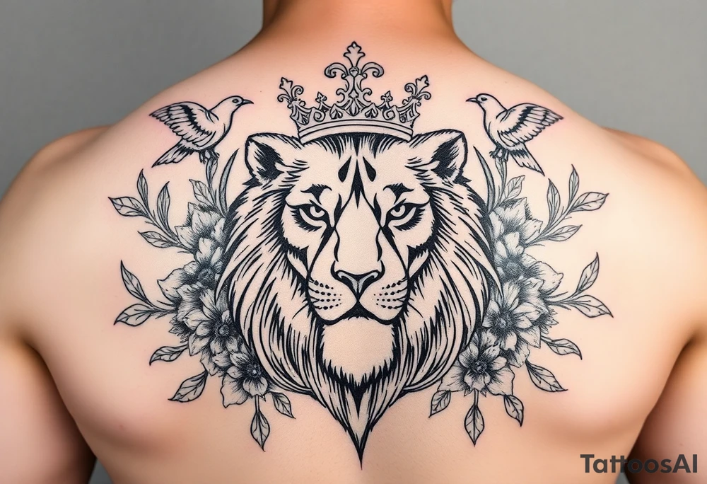 powerful majestic lion with a crown, surrounded by floral ornaments and birds tattoo idea