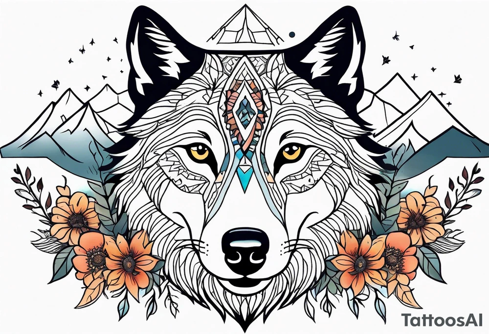 A whimsical wolf tattoo featuring mandala or dream catcher elements, with the wolf as the central focus, surrounded by mountains in the background. Include flowers and nature elements to fill the space around the wolf. tattoo idea