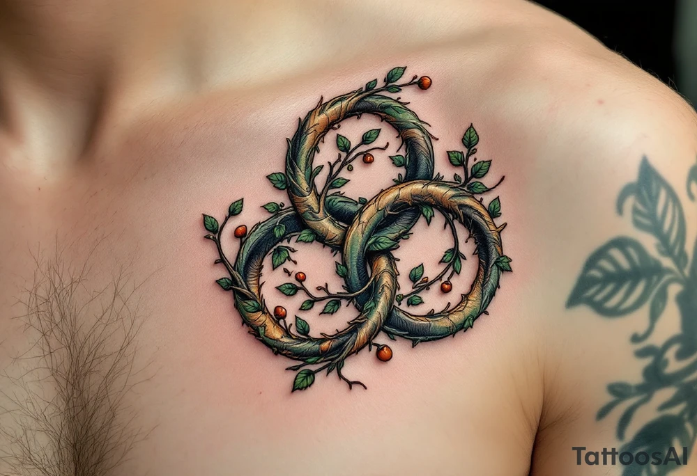 A nature-inspired triskelion design in earthy greens, browns, and golds, resembling intertwined vines or tree roots. The spirals can be adorned with tiny leaves, acorns, or even mushrooms, symbolizing growth, connection, and renewal. tattoo idea