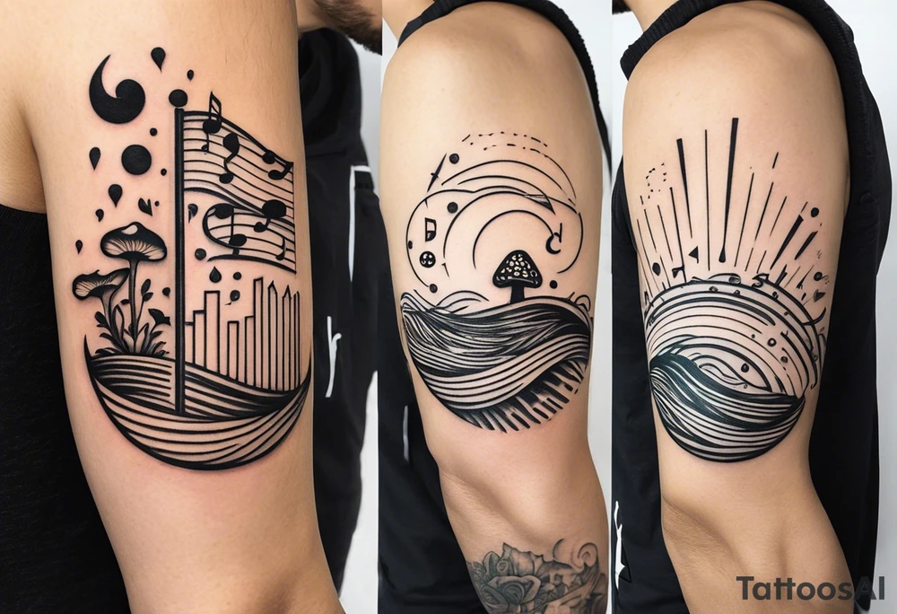 simple icons down the back of the arm featuring four icons:

1. a music note on a staff
2. a wave of water
3. a pocket
4. mushroom tattoo idea