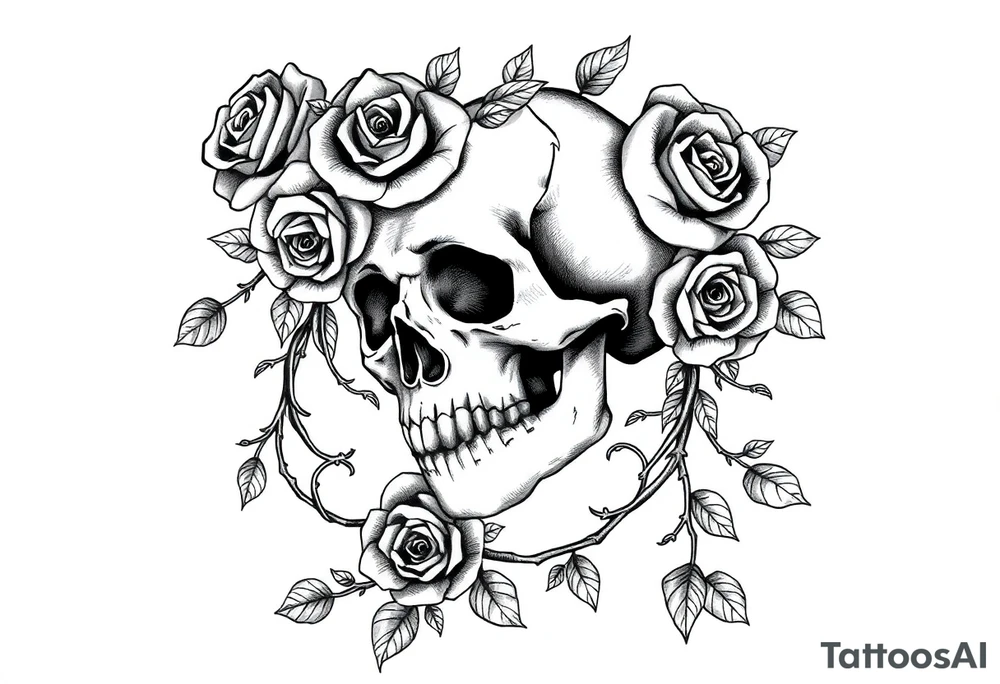 gothic skull intertwined with climbing roses and thorny vines tattoo idea