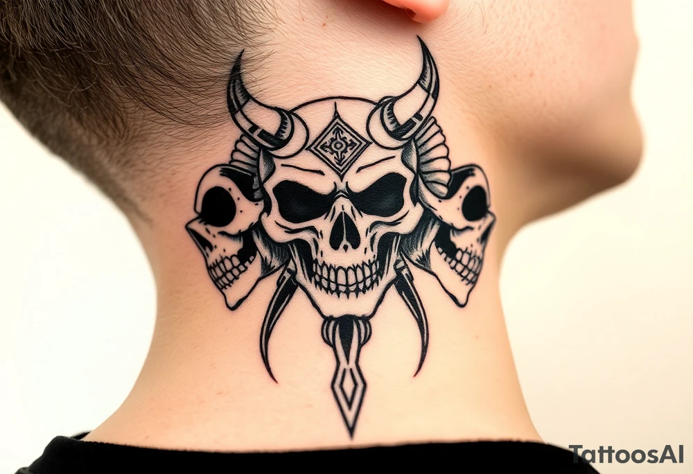 Tribal skulls of the devil with Japanese signs of the dead tattoo idea