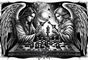 Depict an angel and devil engaged in a chess game, with the chessboard reflecting the cosmic battleground between good and evil, symbolizing the strategic nature of the eternal conflict. tattoo idea