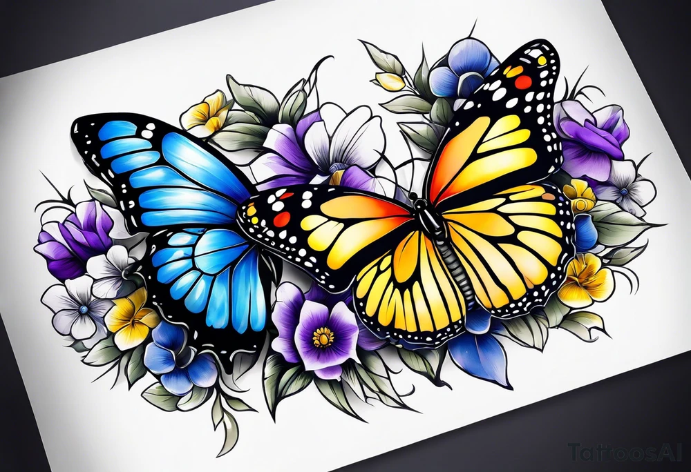 Arm sleeve Butterflies with purple, yellow and blue flowers tattoo idea