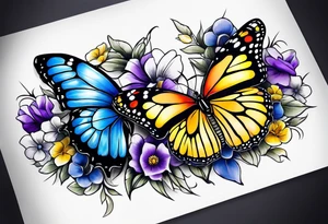 Arm sleeve Butterflies with purple, yellow and blue flowers tattoo idea