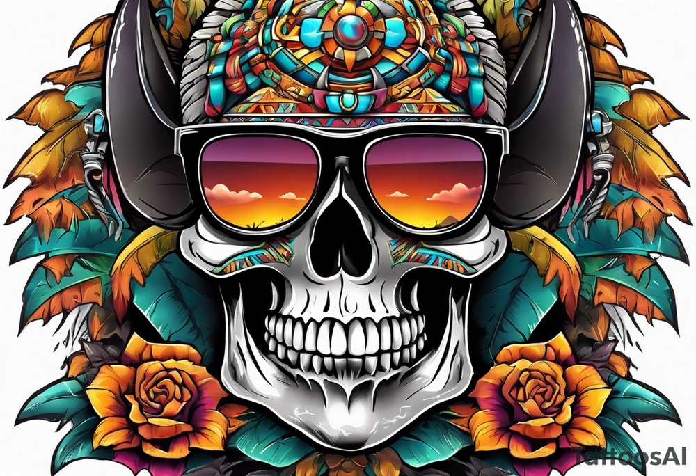 Colorful Mayan skull wearing sunglasses with bats water and cave tattoo idea