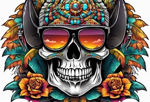 Colorful Mayan skull wearing sunglasses with bats water and cave tattoo idea