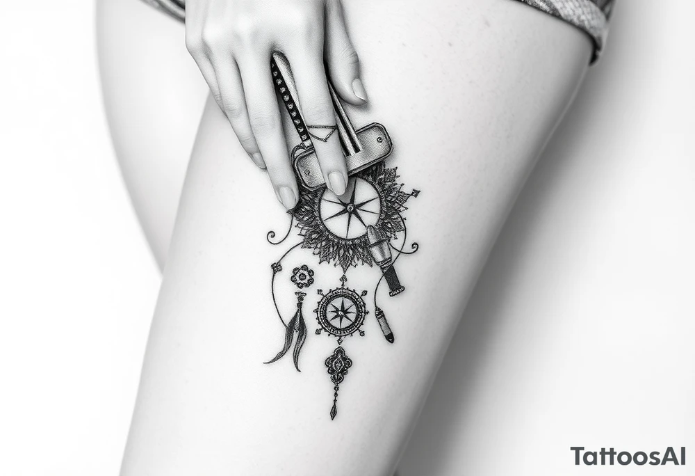 Feminine hand with gun, lace, compass and lipstick tattoo idea