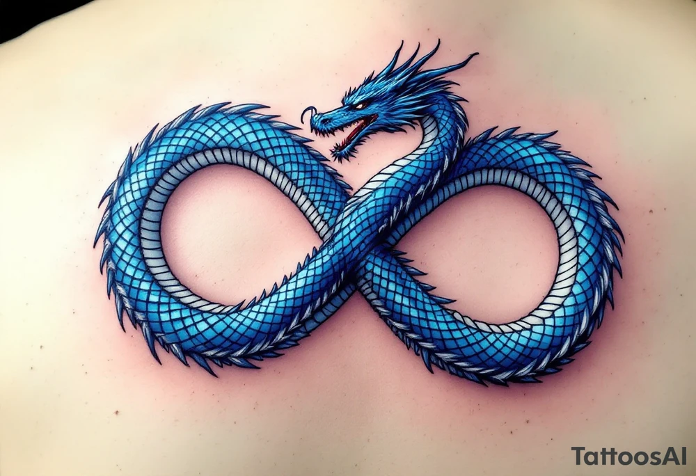 The design features a dragon, coiled in the shape of the infinity symbol (sideways number "8"). The dragon is depicted eating its own tail, symbolizing eternity and continuity, inspired by the Ouroboros.

Details:

The dragon's body has vibrant, glossy blue scales, with a smooth and polished texture.
It maintains a clean, balanced shape in the infinity figure, with sharp details and elegant flow.
Style:

The focus remains on the dragon's form, with no additional background elements to keep the design minimal and modern. tattoo idea