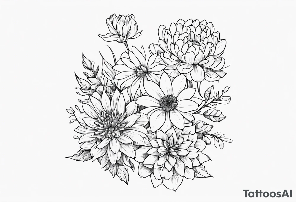 Asters, roses, lillies, and chrysanthemums in a long line tattoo idea