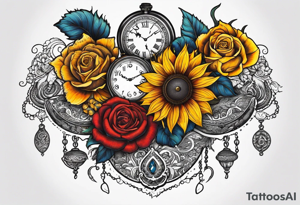 Sunflower, roses, paisley, witch, 3 pocket watches, celestial, tattoo idea