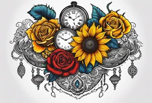 Sunflower, roses, paisley, witch, 3 pocket watches, celestial, tattoo idea