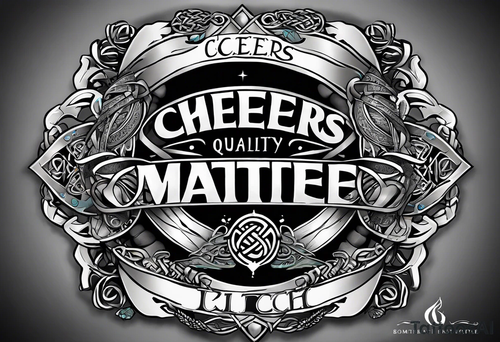 "Cheers Mate" text, armband +Celtic +grey Cancer Ribbon +tribal +artistic tattoo idea