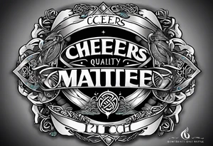 "Cheers Mate" text, armband +Celtic +grey Cancer Ribbon +tribal +artistic tattoo idea