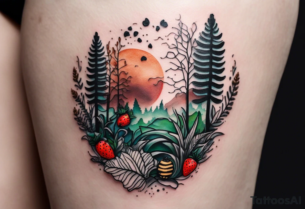 minimalistic forest floor inspired tattoo, which includes grass, curly ferns and dead leaves as the bulk of the tattoo. details to include: three  tiny strawberries, couple of very small brown mushrooms, a tiny bumblebee flying nearby tattoo idea