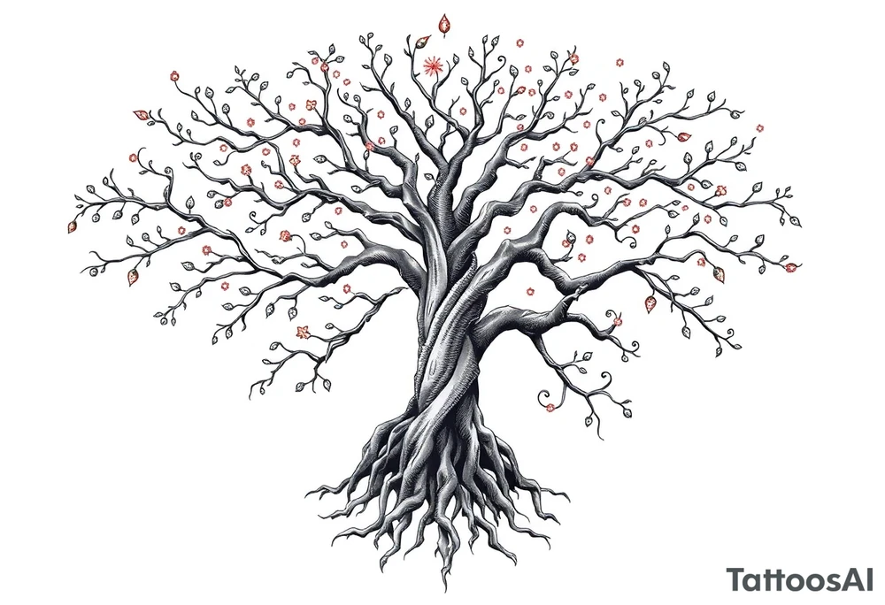 mystical tree of life with cosmic roots and celestial branches tattoo idea