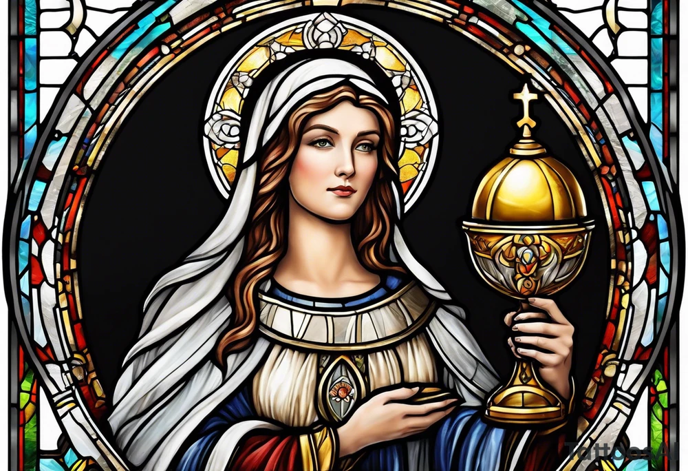 holy saint woman with halo stained glass holding a chalice with artillery tattoo idea