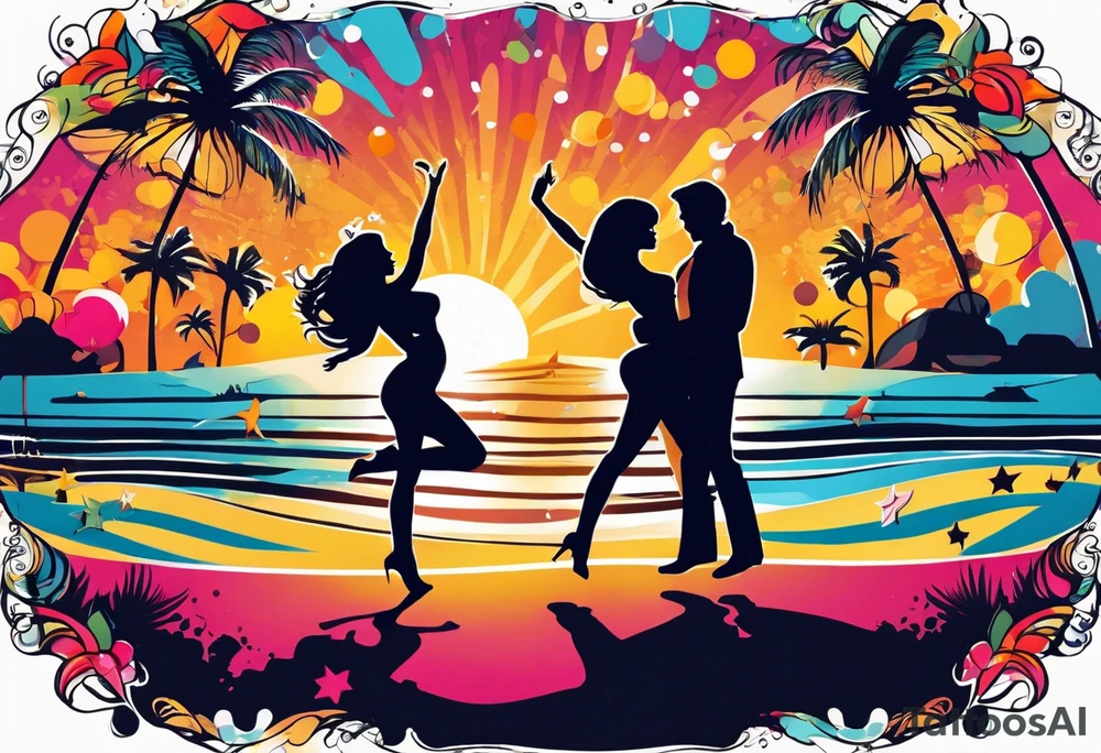 1960'S BEACH DANCE PARTY 
party, include confetti, music notes, 
, bikinis sunset in the center tattoo idea