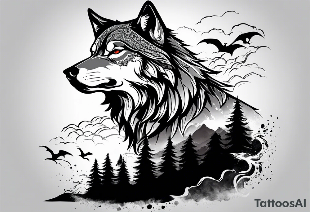 tattoo of a lone wolf navigating through a rugged landscape, with each obstacle representing a life battle – rocky terrain symbolizing challenges, storm clouds signifying hardships, and wild rivers representing struggles. The wolf is depicted with piercing eyes and a determined expression, embodying resilience and strength as it forges ahead. In the background, a subtle glow of sunlight breaks through the clouds, symbolizing hope and perseverance. Alongside the wolf, the phrase "Endure and Conquer" is inscribed in bold, minimalist lettering, encapsulating the theme of overcoming adversity with resilience and determination. tattoo idea
