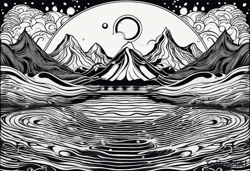 Mandala inspired Ripples in the water caused by a half moon that is dripping water Drops that build the Mountains and the Sea tattoo idea