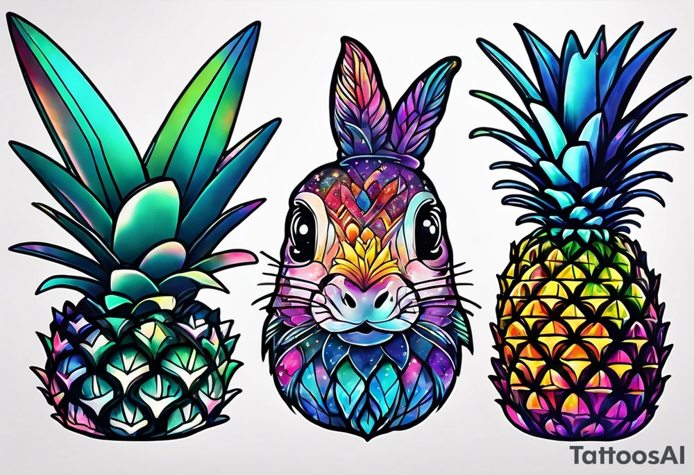 Glass animals and wildlife in Amsterdam canal in space featuring galaxy colours featuring pineapples tattoo idea