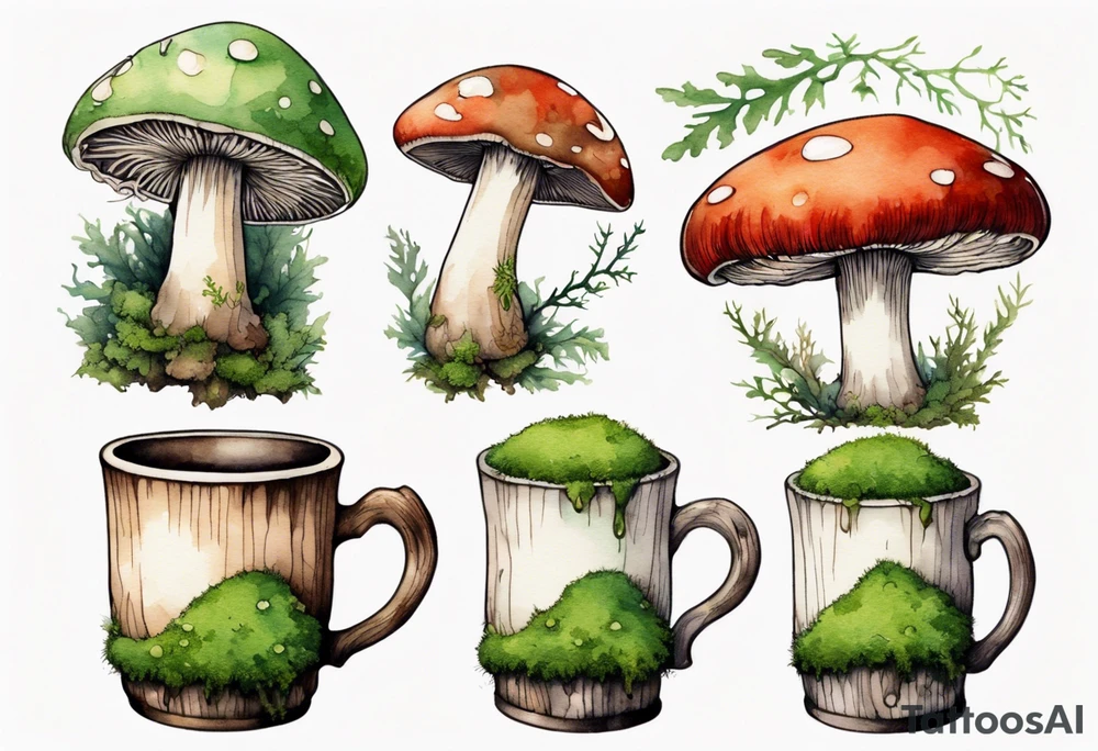 a mushroom with a moss beard drinking from a wood mug tattoo idea