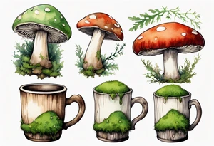a mushroom with a moss beard drinking from a wood mug tattoo idea