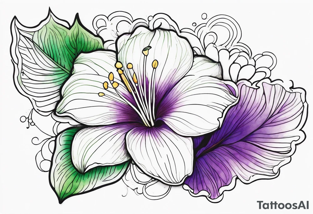 An outline of a rio dipladenia flower with green and purple watercolor behind it tattoo idea