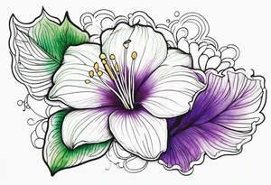 An outline of a rio dipladenia flower with green and purple watercolor behind it tattoo idea