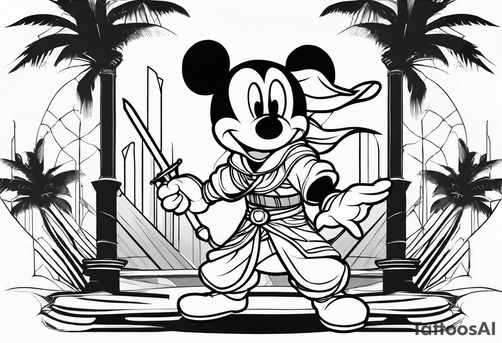 mickey mouse assassins creed character that is in the style of tron with palm trees tattoo idea