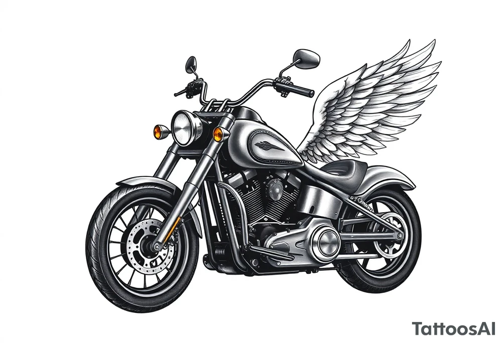 Harley grey motorcycle driving away, flames, angel wings tattoo idea