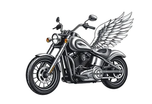 Harley grey motorcycle driving away, flames, angel wings tattoo idea