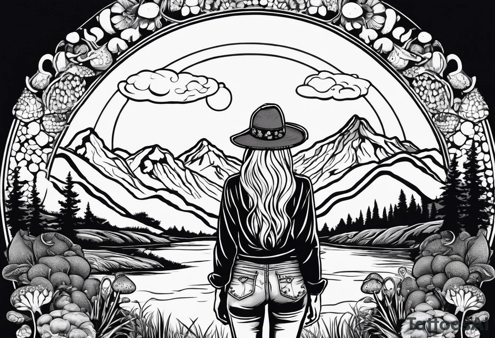 Whole picture encircled fully

Straight long blonde hair hippie girl in distance holding mushrooms in hand facing away toward mountains and creek surrounded by mushrooms long sleeve shirt and hiking pants; whole rendering within a full circle, no cut off circle tattoo idea