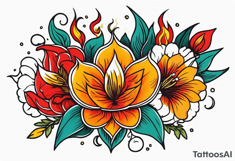 tongues of fire
old school vintage simple traditional design with vintage flowers surrounding
bold color simple tattoo idea