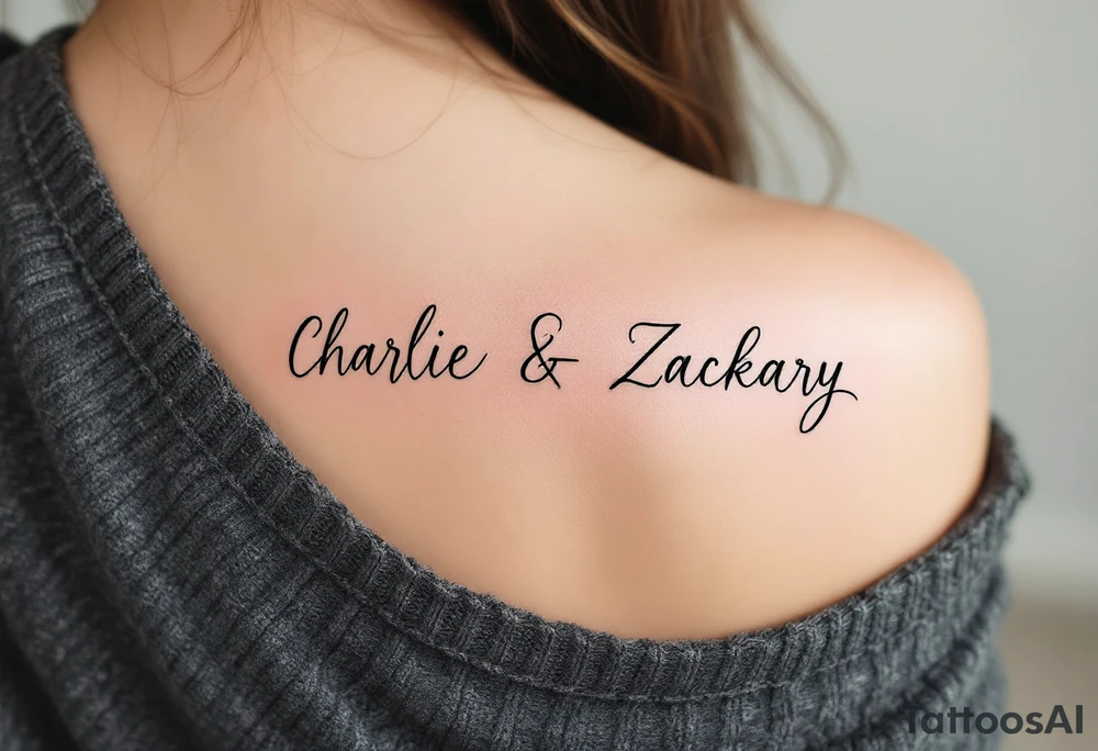 Create a delicate tattoo design that seamlessly integrates the names "Charlie" and "Zackary" in graceful, flowing cursive. Enclose the names within a softly stylized symbol that embodies strength and unity tattoo idea