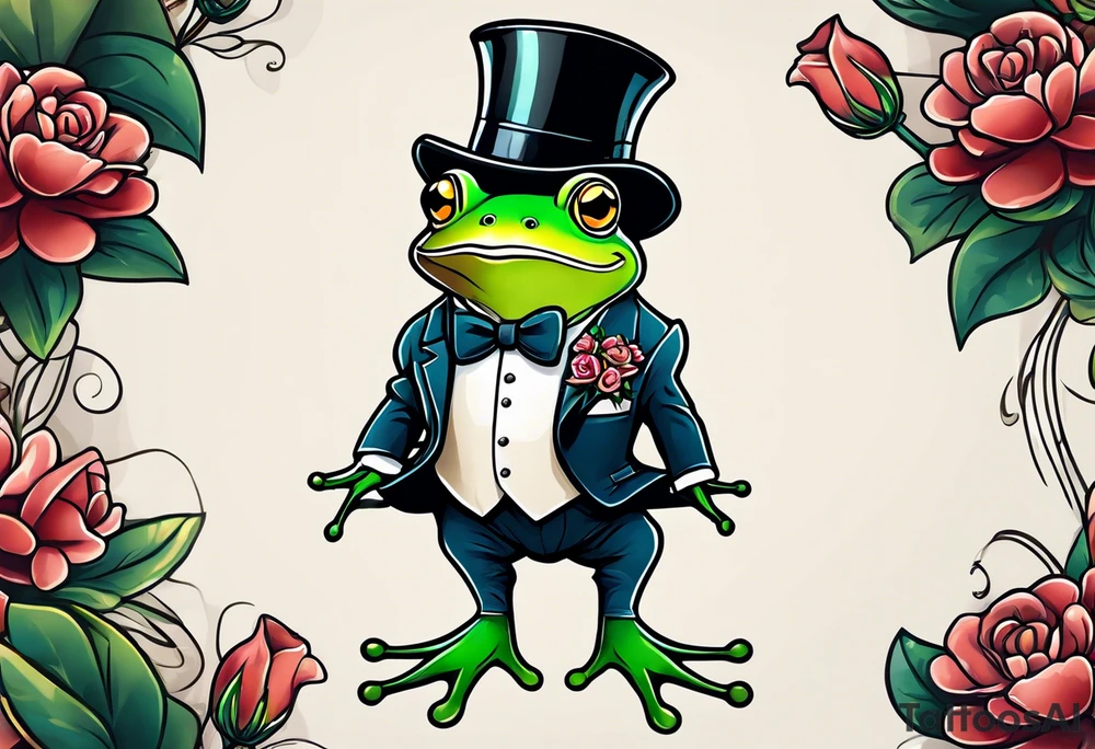 Cute Frog standing on back legs  in a top hat and a formal suit holding flowers to go on a date tattoo idea